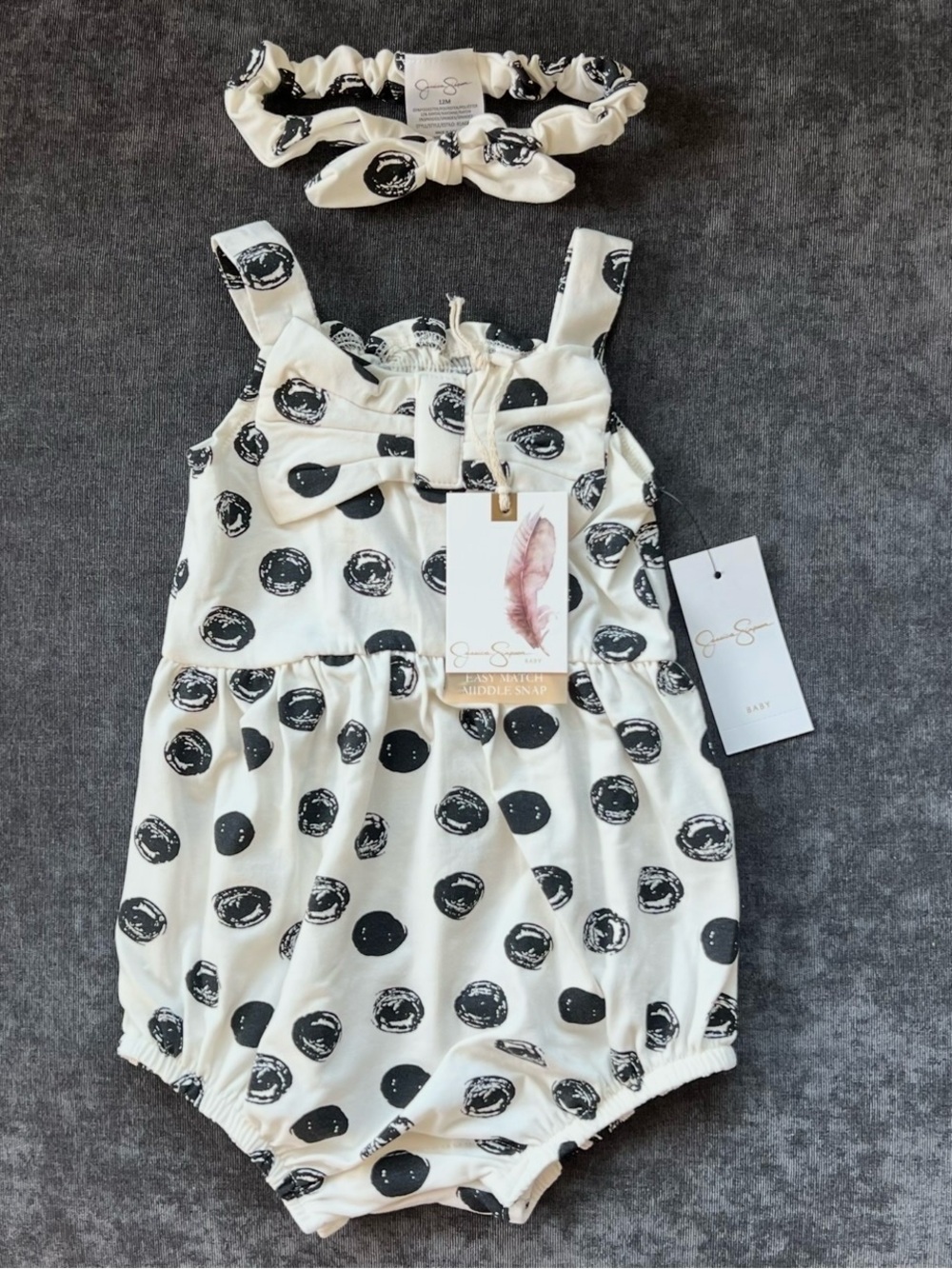 NWT Jessica Simpson Black Dot Bow Romper and Headband Size 12 Months